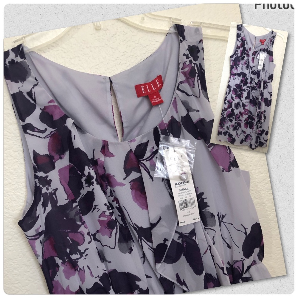 ELLE Womens Small Floral Parisian Chic Sleeveless Dress Elastic Waist NWT $64